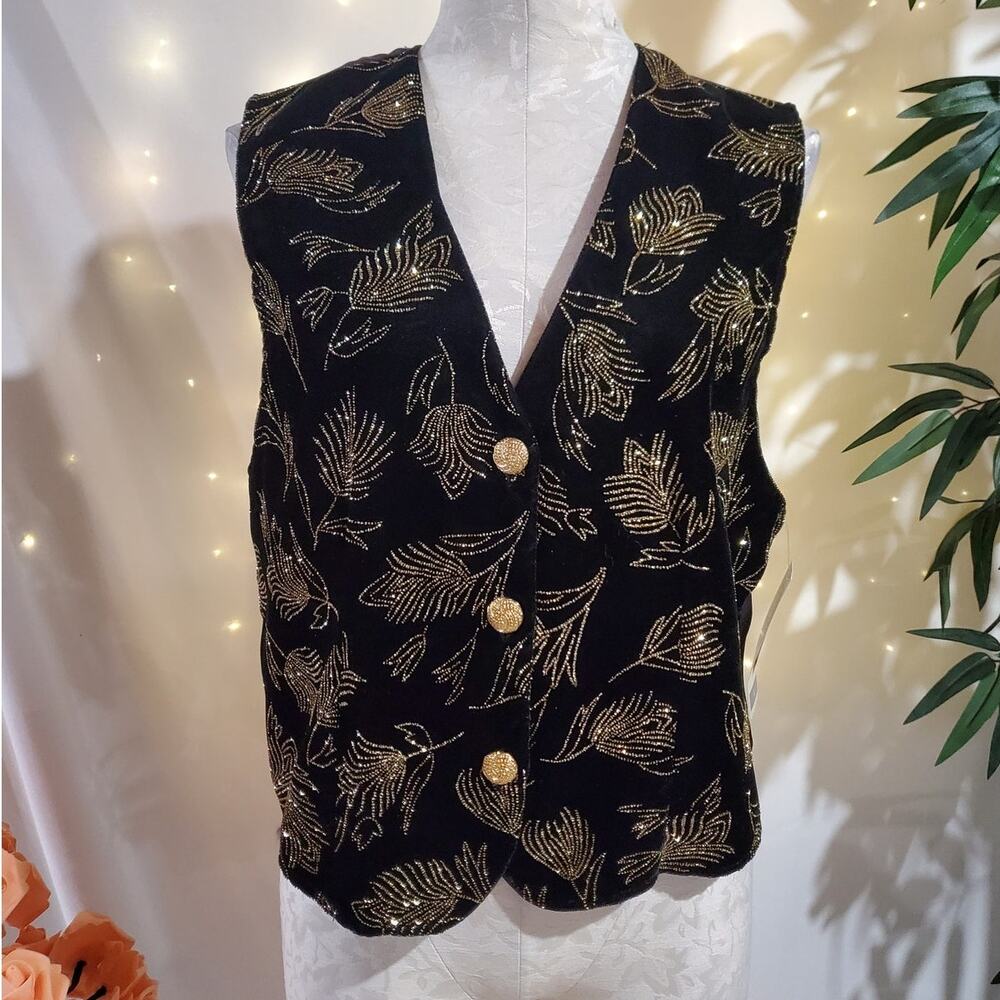 Dressbarn Vtg Velvet Glitter Sparkle Gold Button Waistcoat Vest Womens Sz L NWT